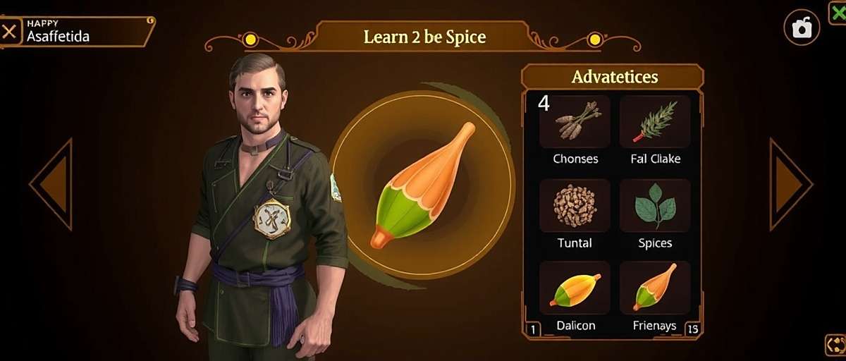 Asafoetida Adventure India beginner's guide showing a new player character learning to identify spices in the tutorial