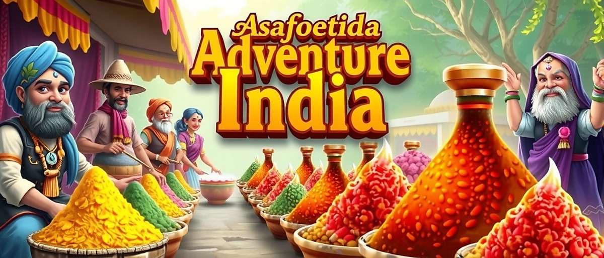 Asafoetida Adventure India game cover featuring colorful Indian spices and traditional characters in a vibrant market setting