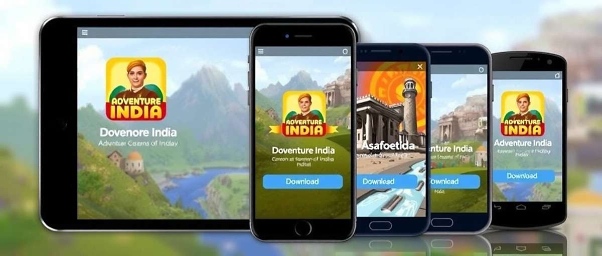 Asafoetida Adventure India download page showing the game icon on various mobile devices with download buttons